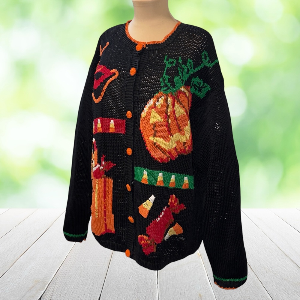 Vintage ALEXANDRA BARTLETT Halloween Cardigan Novelty Mask Pumpkin Candy Size M